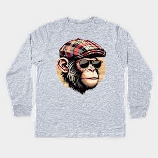 Monkey wearing newsboy hat and eyeglasses Kids Long Sleeve T-Shirt